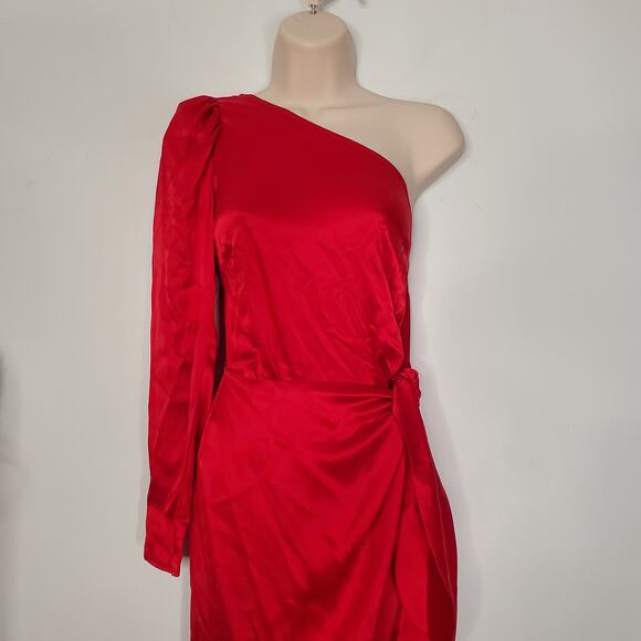 Reformation Justine 100% Silk High Slit One Shoulder Midi Dress Cherry Red 4 - Picture 4 of 9